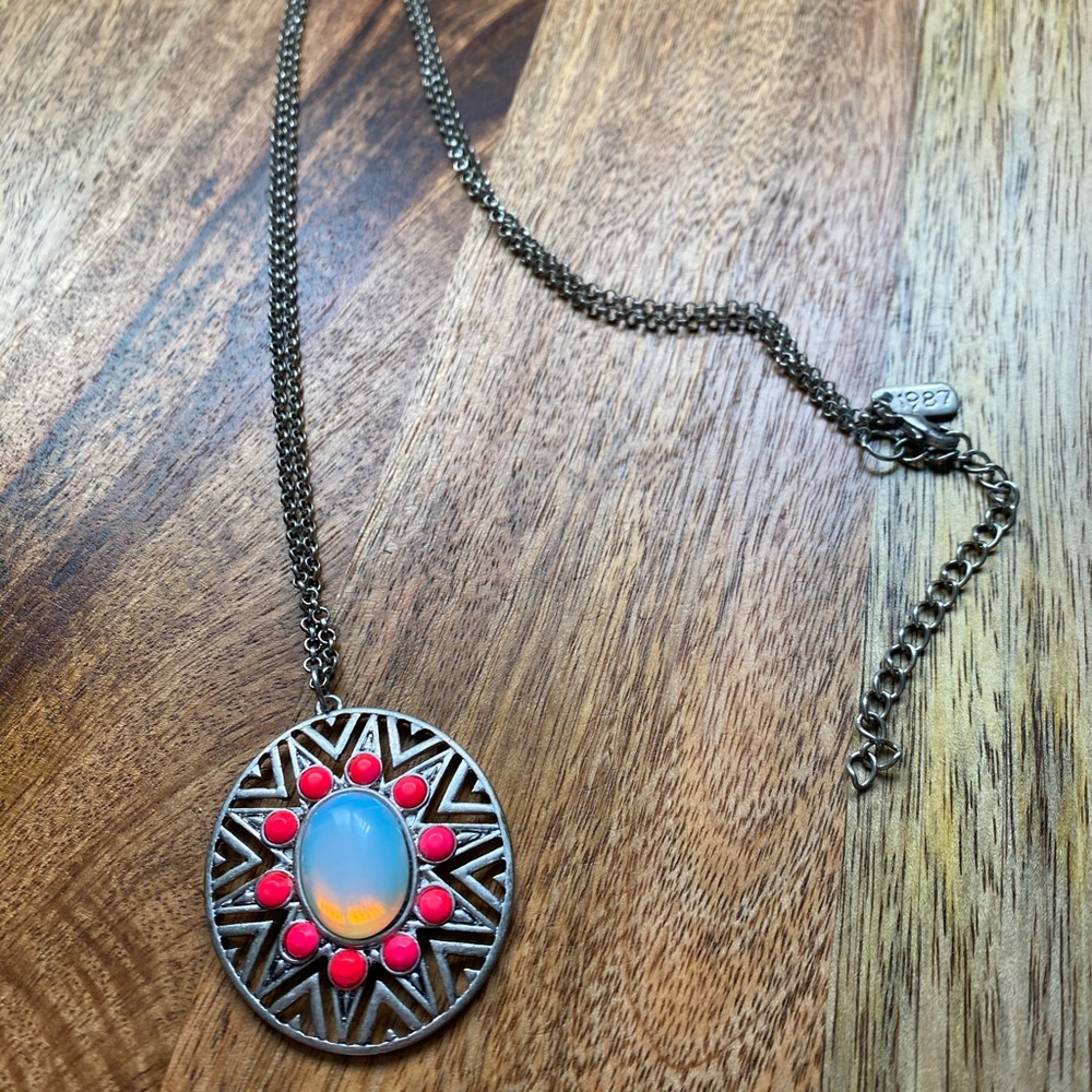 Aeropostale Silver Faux Opal Pendant Statement Necklace